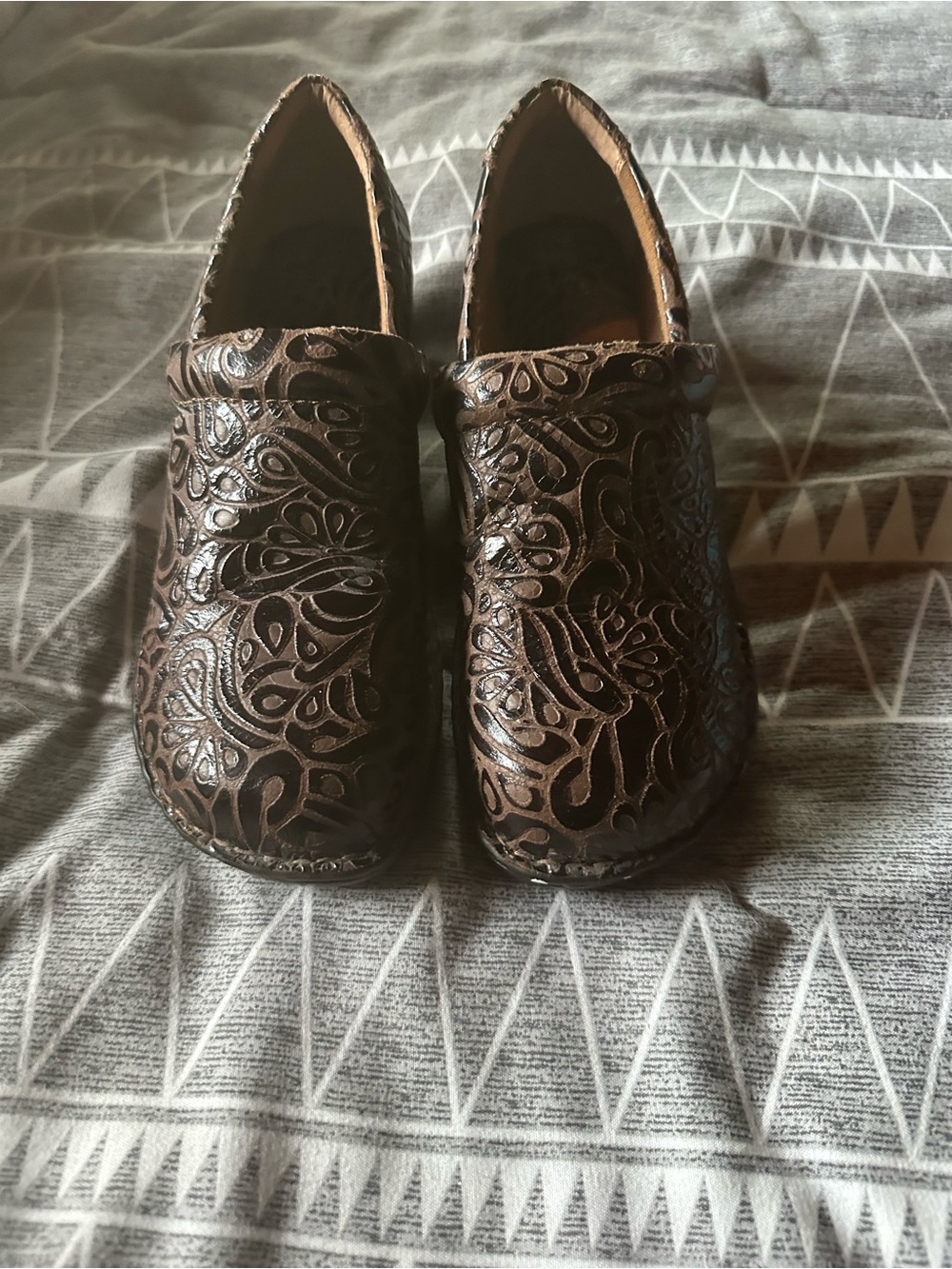 boc Brown Embossed Leather Mules with Floral Cutouts